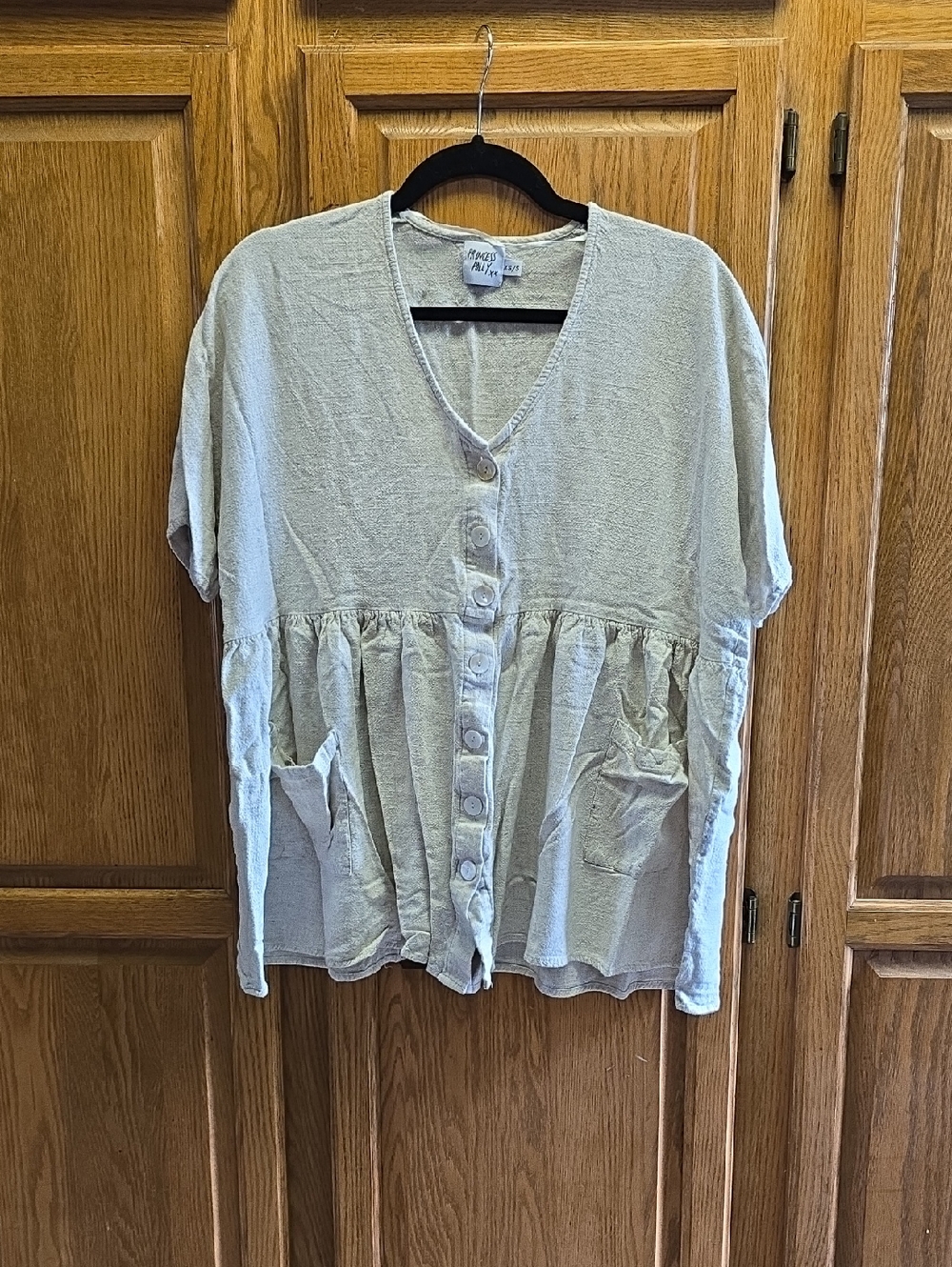 Pincess Polly Sz XS/S Beige Cotton Short Sleeve V Neck Button Front Babydoll